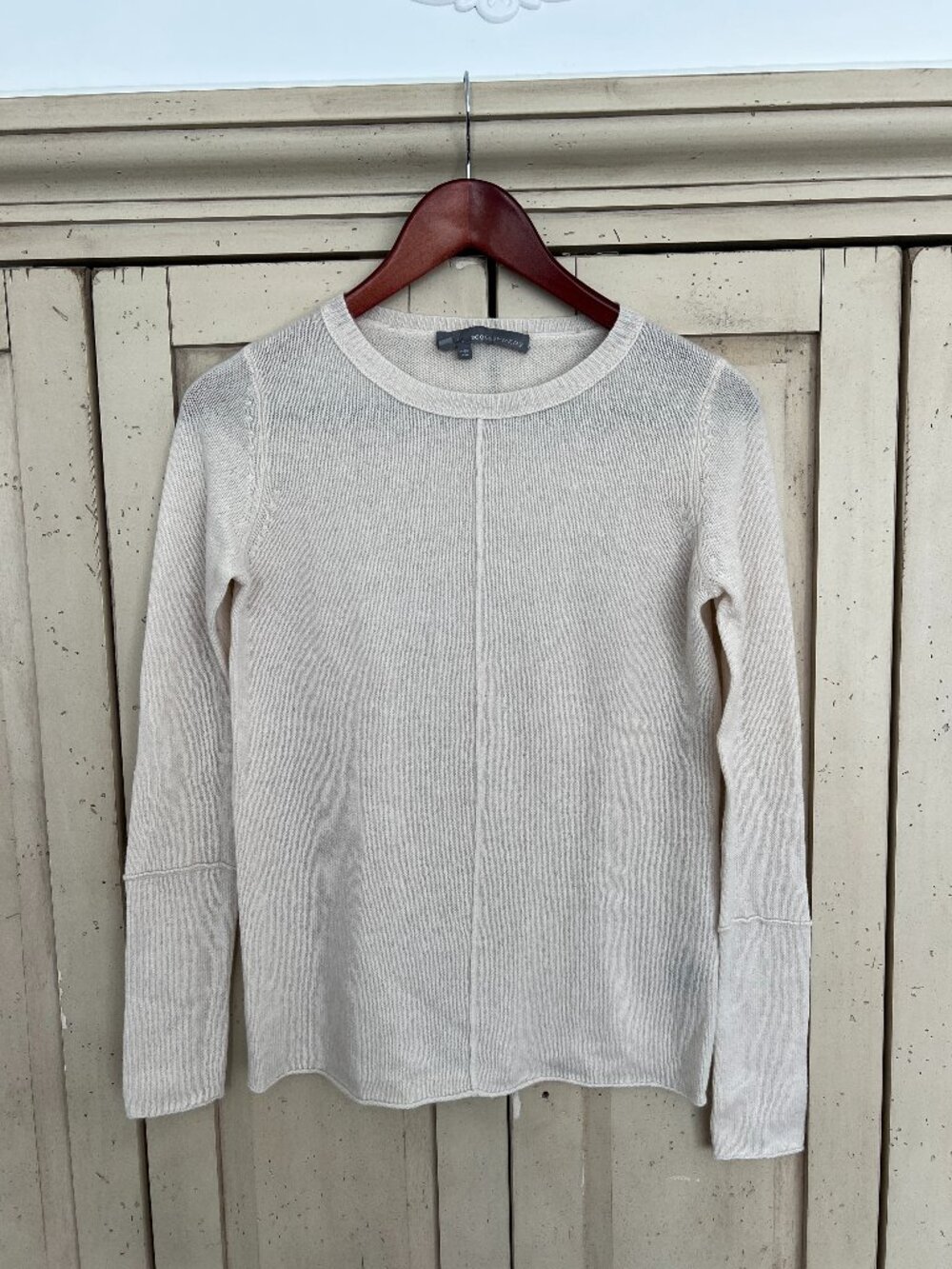 360 Cashmere 100% Cashmere Crewneck Sweater Ivory Exposed Seam Rolled Hem XS